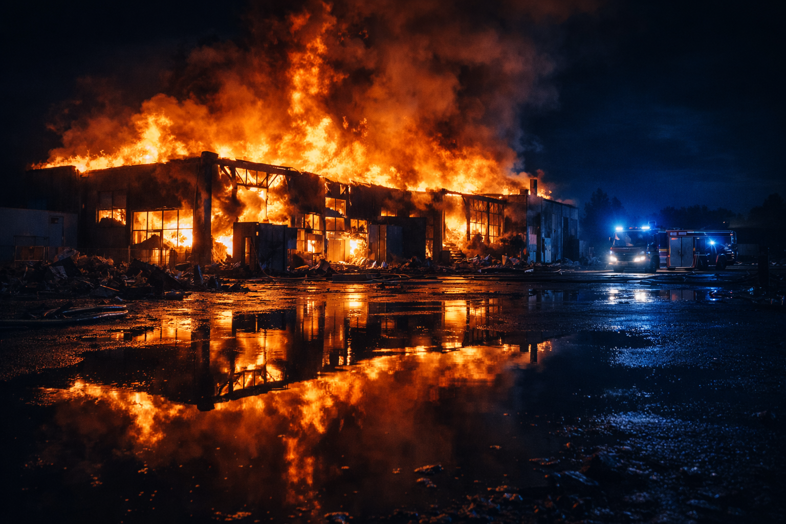 Brand in einem Industriegebäude bei Nacht – Großschadenfall