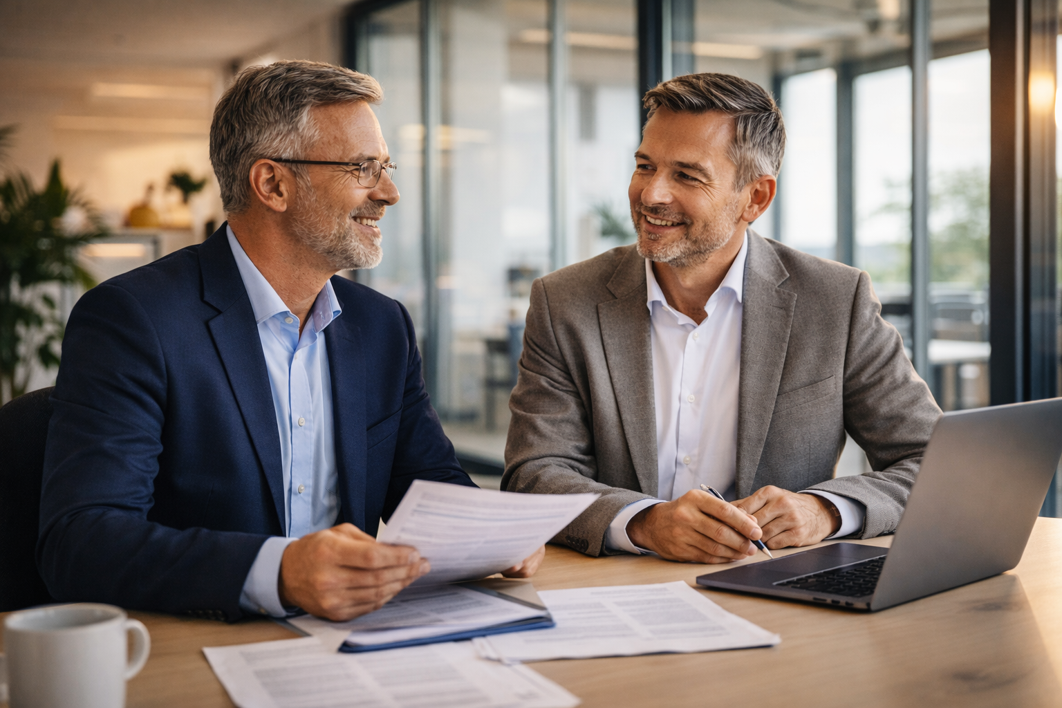 Fachgespräch zur Versicherungsberatung im modernen Büro