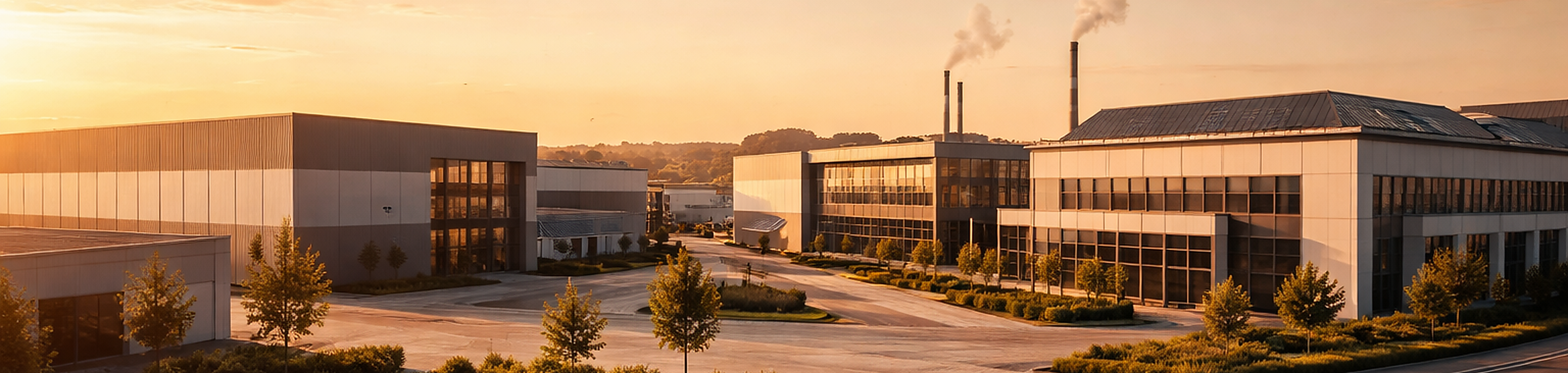 Industriepark im goldenen Abendlicht – markstein schützt den Mittelstand
