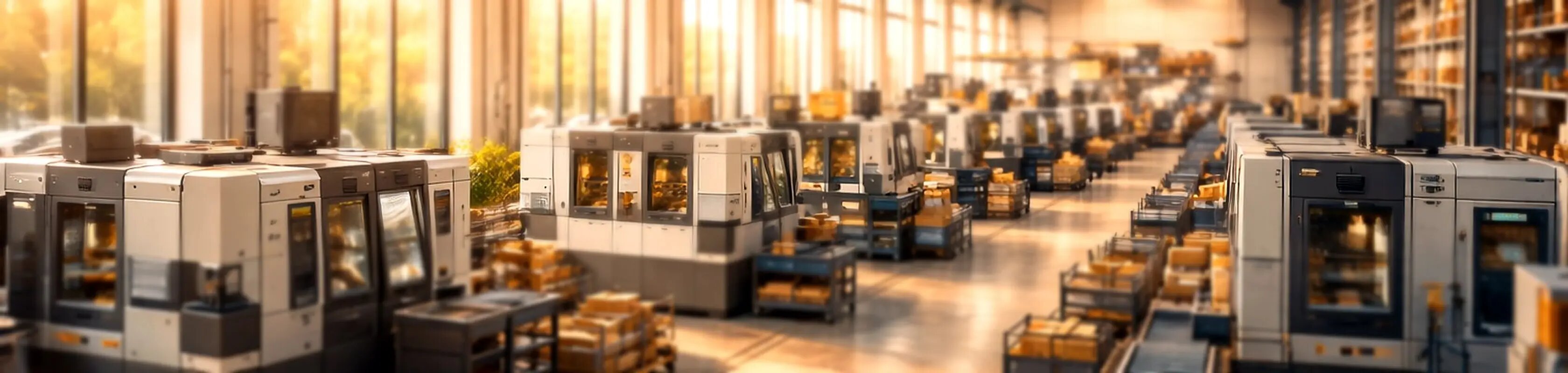 Moderne Produktionshalle mit CNC-Maschinen im Morgenlicht