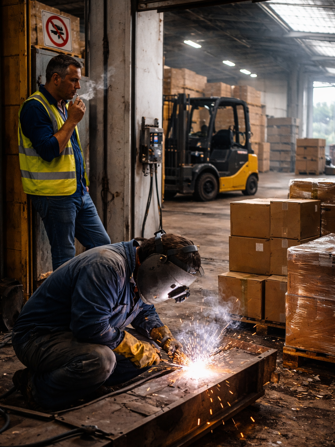 Gefährliche Szene in der Lagerhalle – Schweißarbeiten neben rauchendem Arbeiter